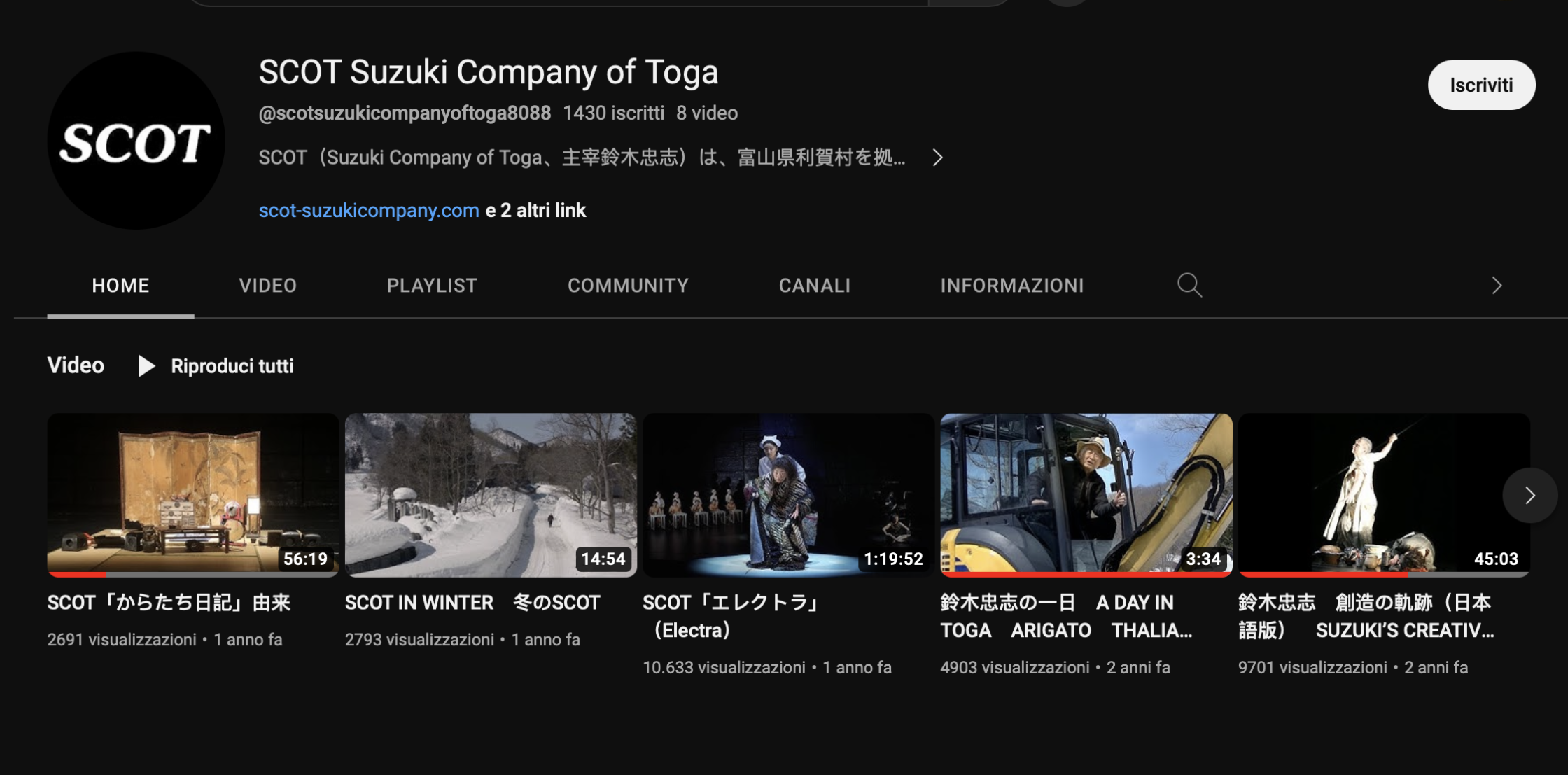 la pagina del profilo YouTube della compagnia SCOT con gli spettacoli caricati ad oggi